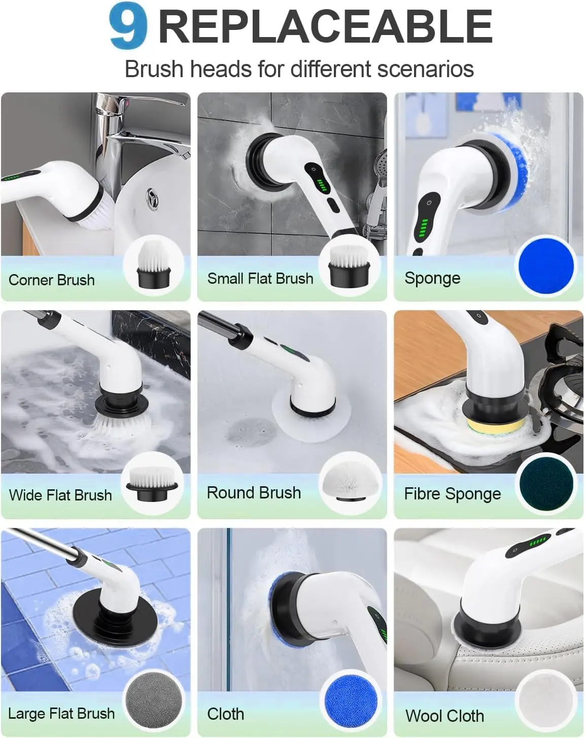 Product guide showing interchangeable brush heads and pads used on sinks, tiles, glass, floors, and other surfaces