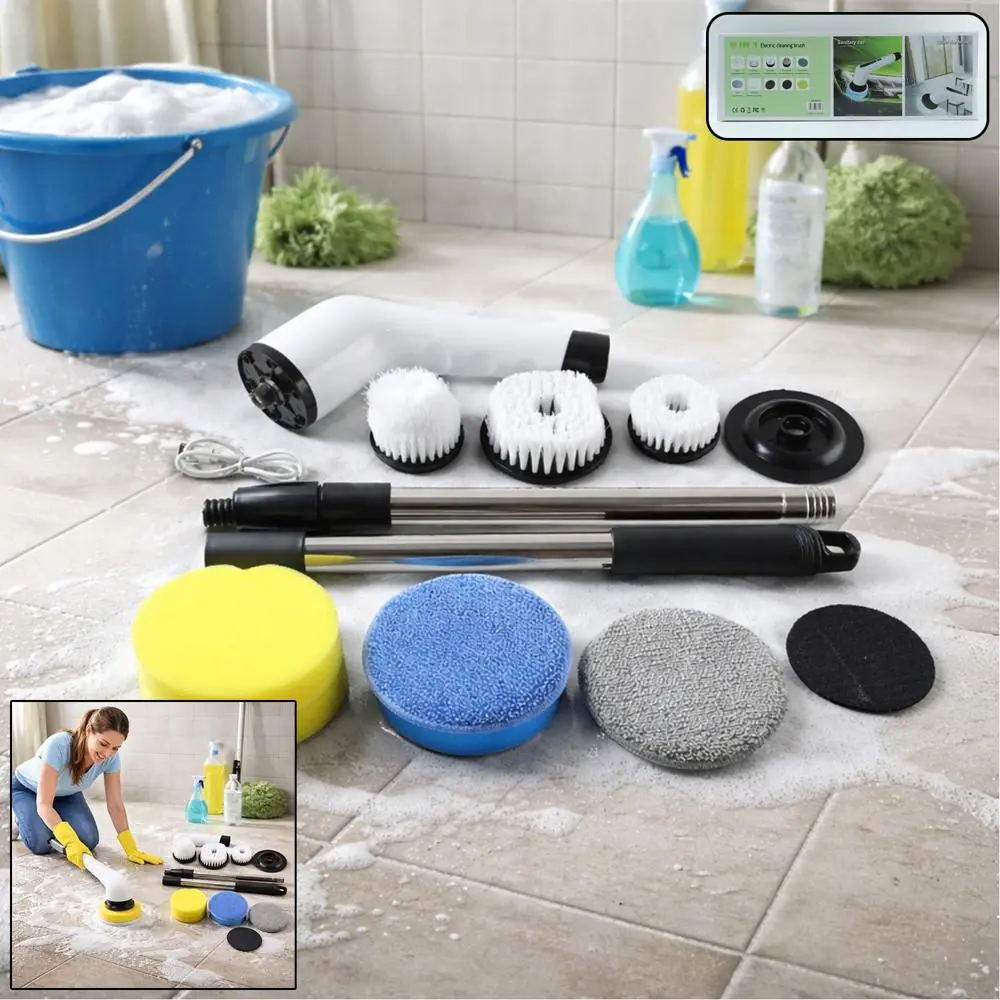 Electric spin scrubber, extension handle, brushes, cleaning pads, and charging cable arranged on a tiled floor