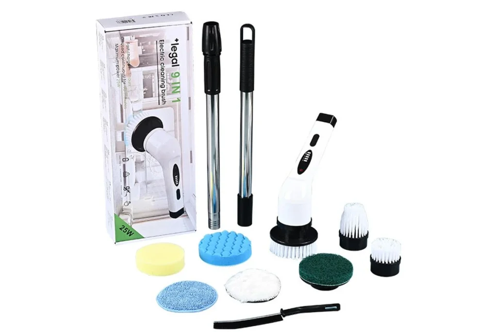 Electric spin scrubber kit with extension poles, brush heads, pads, and packaging